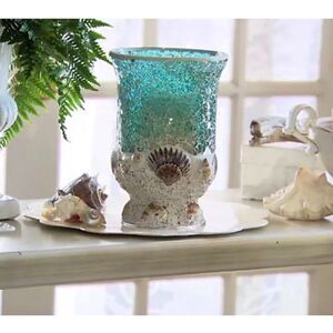 Valerie Parr Hill 9" Shell Mosaic Hurricane Flameless Candle Lit Pillar Blue NWT
